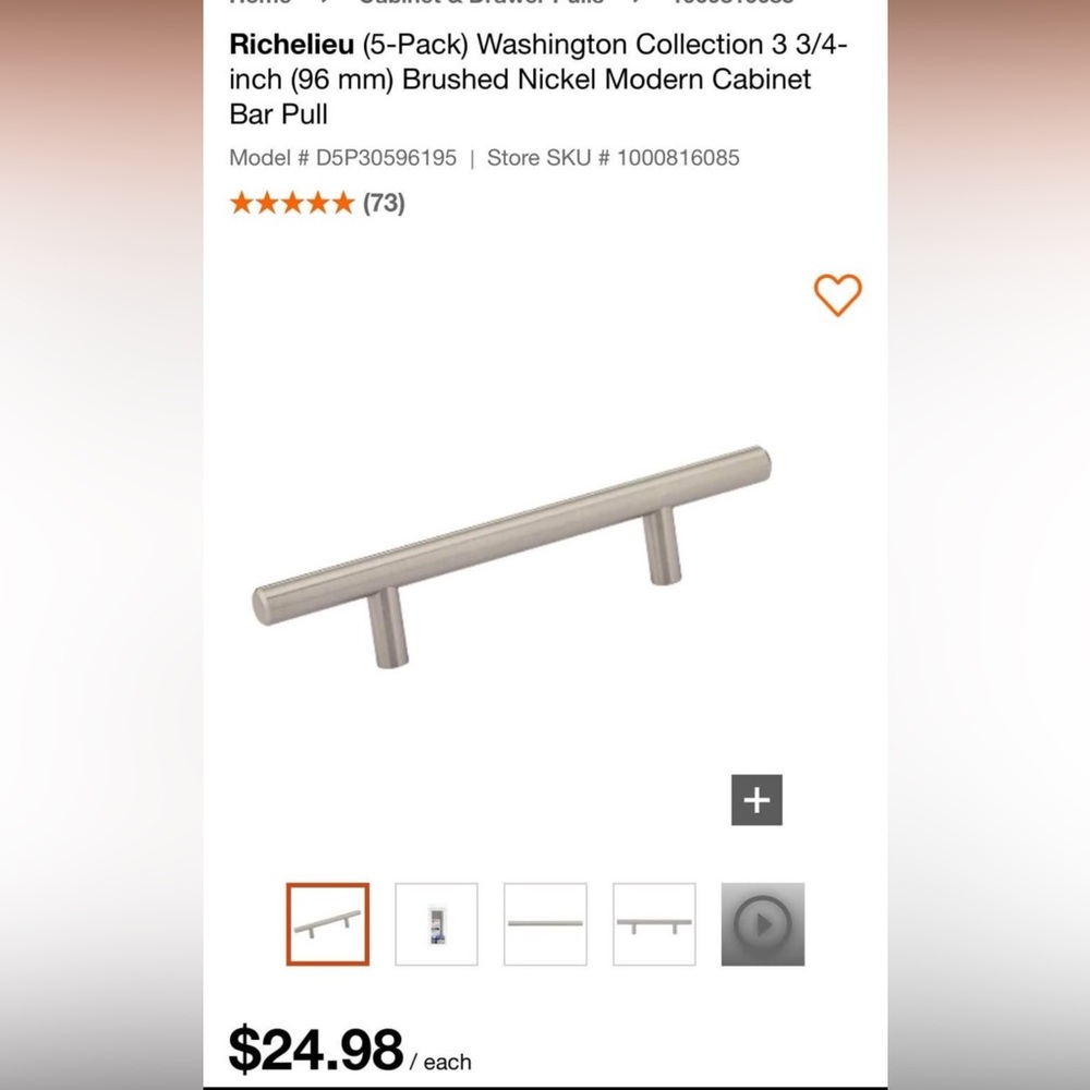 Richelieu Modern Brushed Nickel Cabinet Bar Pull -  5 Pack